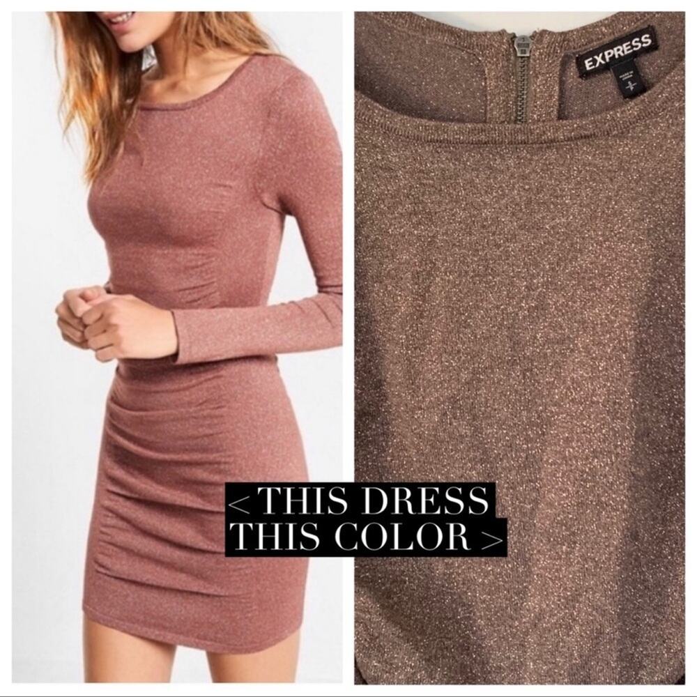 Express Womens Metallic Round Neck Long Sleeve Ruched Sweater Dress Brown Medium